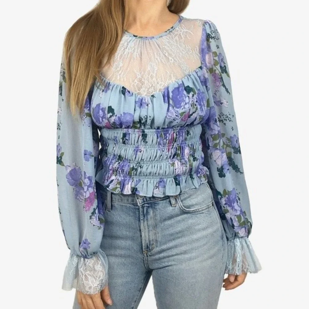 Free People Daphne Blouse Size S Blue Floral Lace Boho Cottage Girlcore Romantic